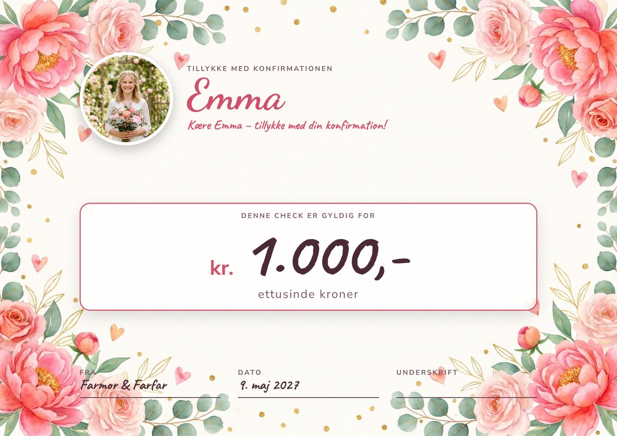 Pengecheck Hjerter & blomster