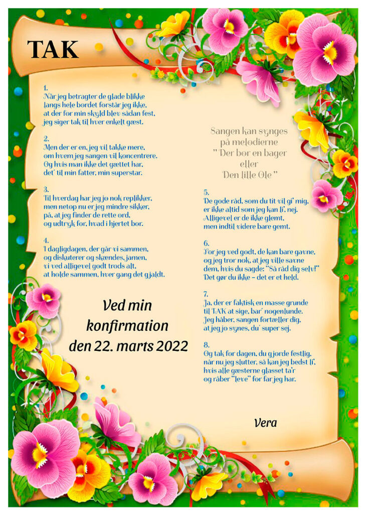 Takkesang til far blomster konfirmation med grønt og pink blomsterdesign