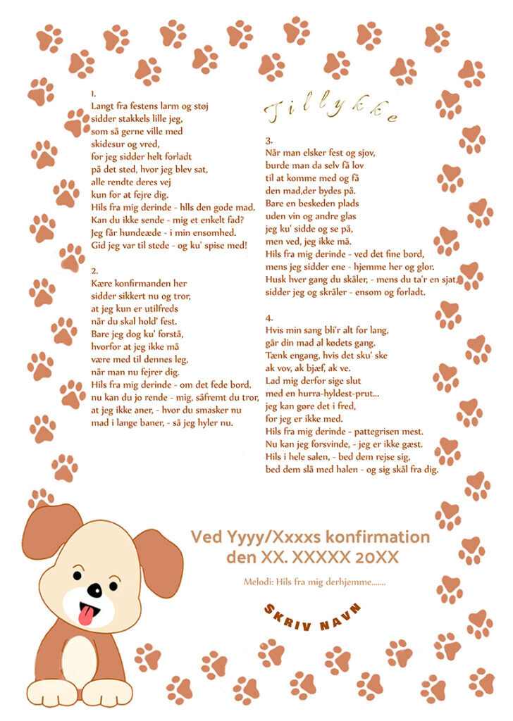 Hundesang konfirmation med paw print design og hyggelig hundetegning