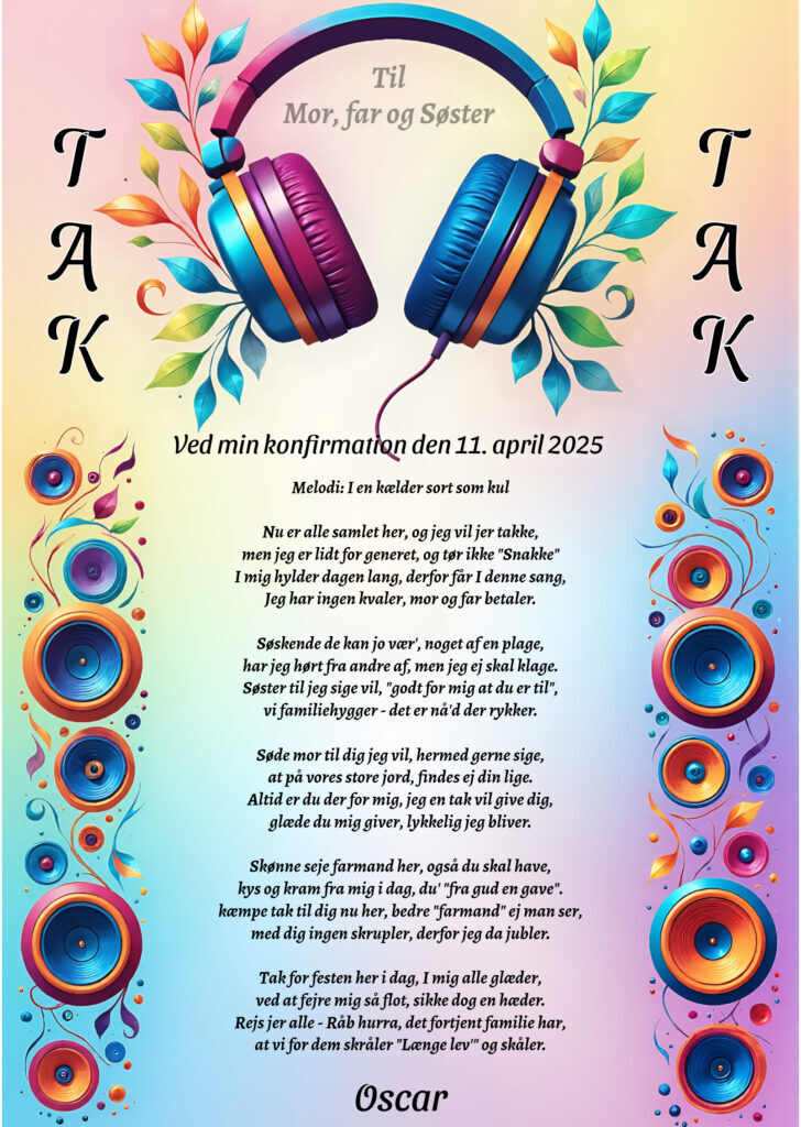 Takkesang konfirmation søster, mor og far på kendt melodi til download og print