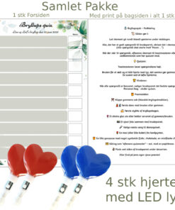 Bryllupsquiz på dobbeltsidet papir med rødt og blåt LED-hjerte til brudeparret – sjov aktivitet til bryllup.