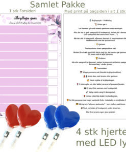 Bryllupsquiz med hjertelys i lilla floral design med skema til spørgsmål og fire LED-hjerter i rødt og blåt