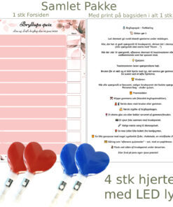 Bryllupsquiz med hjertelys i rosa floral design med forside, bagside og fire LED-hjerter i rødt og blåt