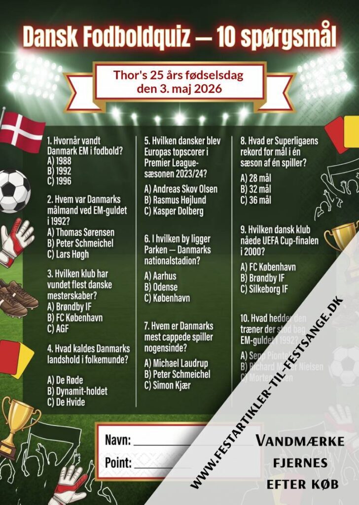 Dansk fodboldquiz til herrefrokost med 10 spørgsmål, designet med dansk fodboldtema og grønne farver