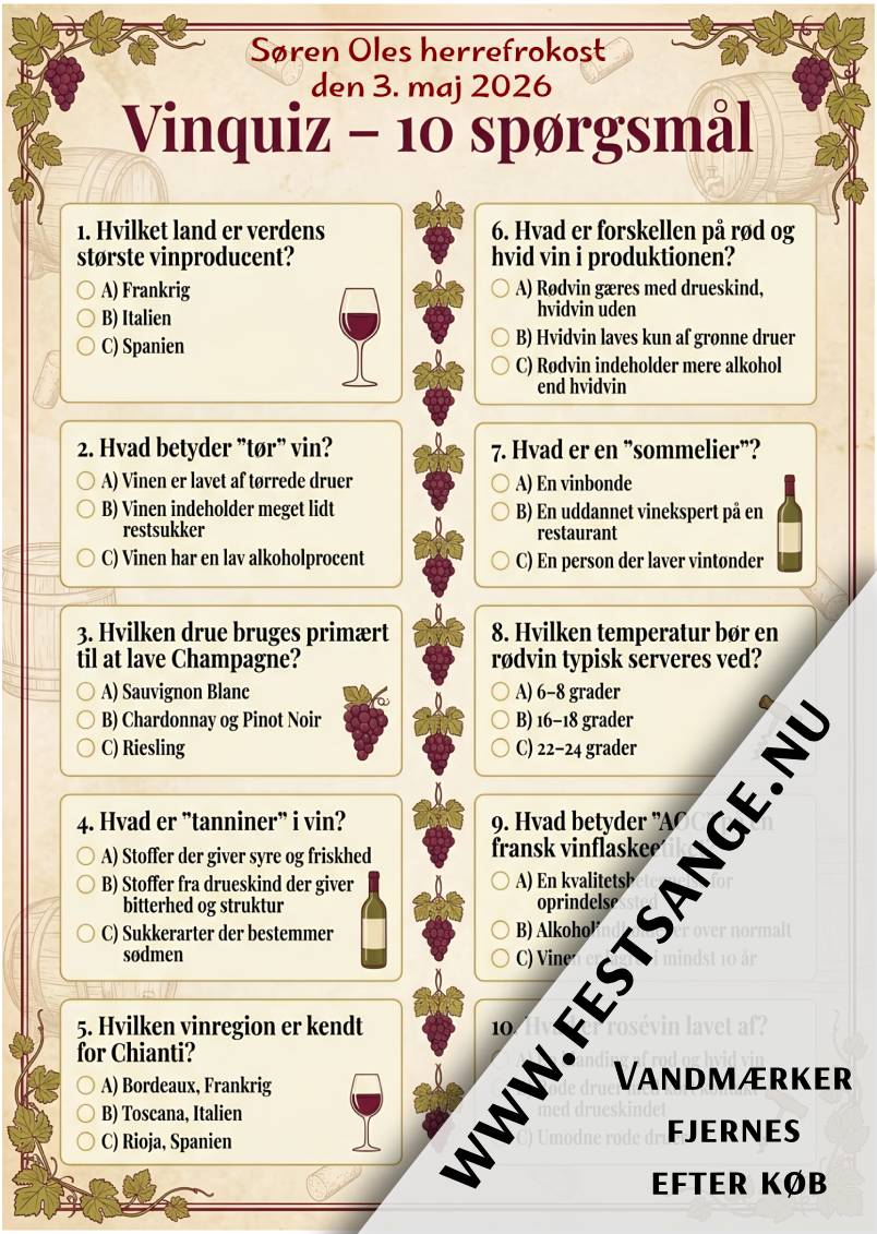 Vinquiz med 10 spørgsmål om vinproduktion, druesorter, Champagne og serveringstemperatur – perfekt til fest og komsammen