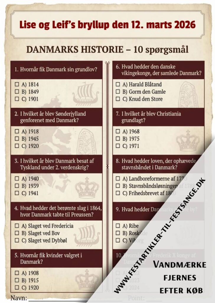 Dansk historie quiz til fest med 10 spørgsmål, facitliste og flot design med illustrationer