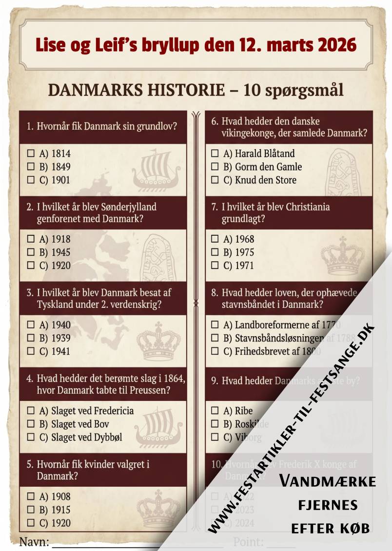 Danmarks historie quiz med 10 spørgsmål om grundloven, vikinger, 2. verdenskrig, Harald Blåtand og dansk historie – perfekt til fest og komsammen