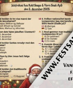 Dækkeserviet med jule-quiz og multiple choice spørgsmål til julefrokost – design nr. 1 med nisser og julemand