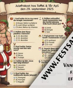 Dækkeserviet med jule-quiz og multiple choice spørgsmål til julefrokost – design nr. 2 med humoristiske muskuløse nisser og julemand