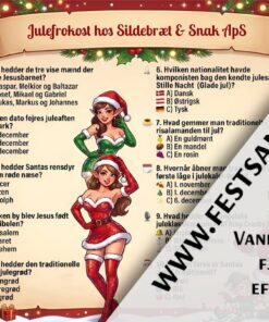 Dækkeserviet med jule-quiz og multiple choice spørgsmål til julefrokost – design nr. 3 med sexede nisser til voksne