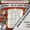 Dækkeserviet med julequiz for de frække nisser til julefrokost – design nr. 4 med muskuløse nisser og julemand i slæde