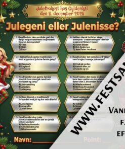 Dækkeserviet med svær julequiz "Julegeni eller Julenisse?" til julefrokost – design nr. 2 med juletræ, nisser og julemand i mørkt festligt layout