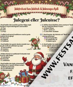 Dækkeserviet med svær julequiz "Julegeni eller Julenisse?" til julefrokost – design nr. 3 med muskuløs nissemand og julemænd i lyst festligt layout