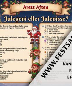 Dækkeserviet med svær julequiz "Julegeni eller Julenisse?" til julefrokost – design nr. 4 "Årets Aften" med nisser og julemand i mørkeblåt vinterdesign