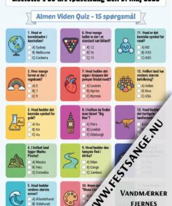 Almen viden quiz let udgave med 15 spørgsmål om geografi, kemi, natur og generel viden – perfekt til fest og komsammen
