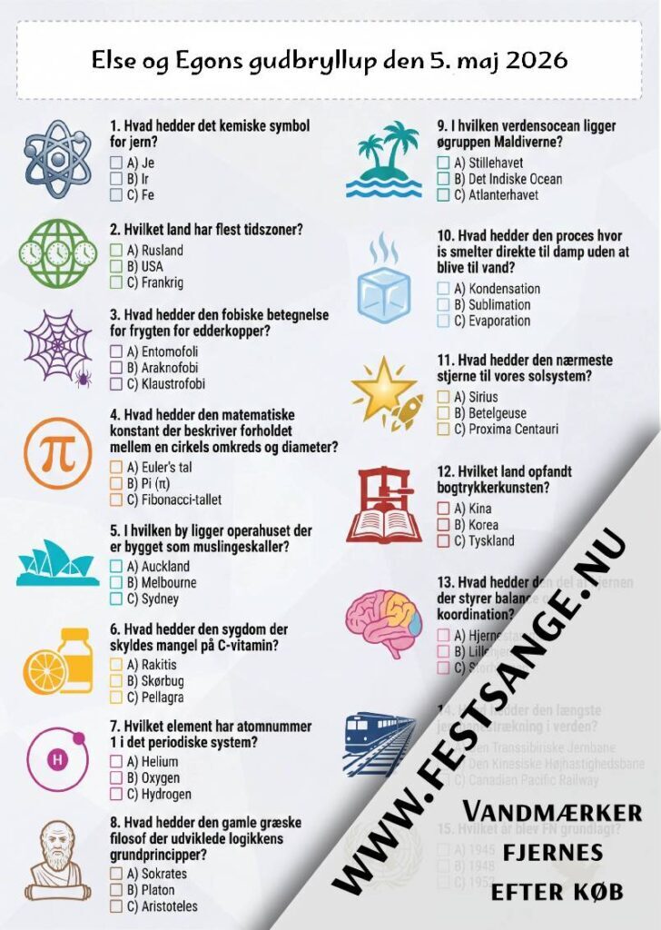 Forsidebillede af svær almen viden quiz til fest med 15 spørgsmål og farverig design