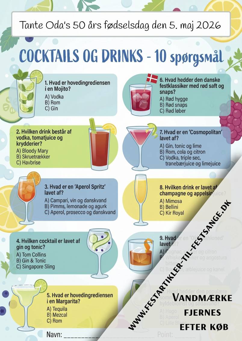 Cocktails og drinks quiz med 10 spørgsmål om Mojito, Aperol Spritz, Bloody Mary, Cosmopolitan og klassiske drinks – perfekt til fest og komsa