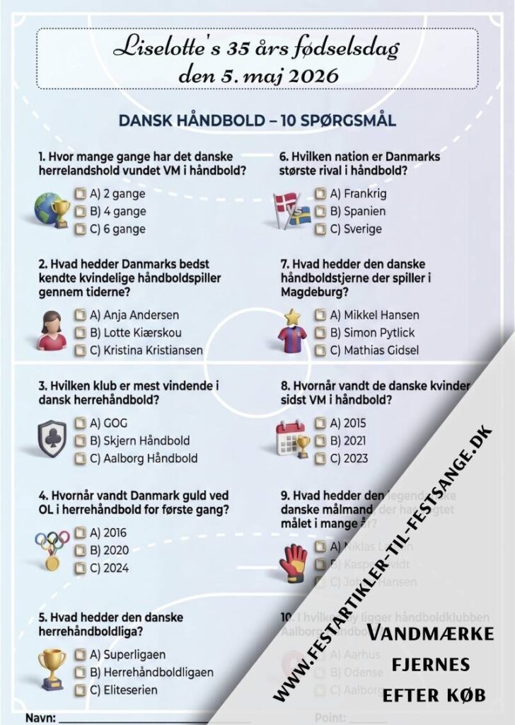 Dansk håndboldquiz til fest med 10 spørgsmål om dansk håndbold og landsholdet – print selv eller vi sender det trykt