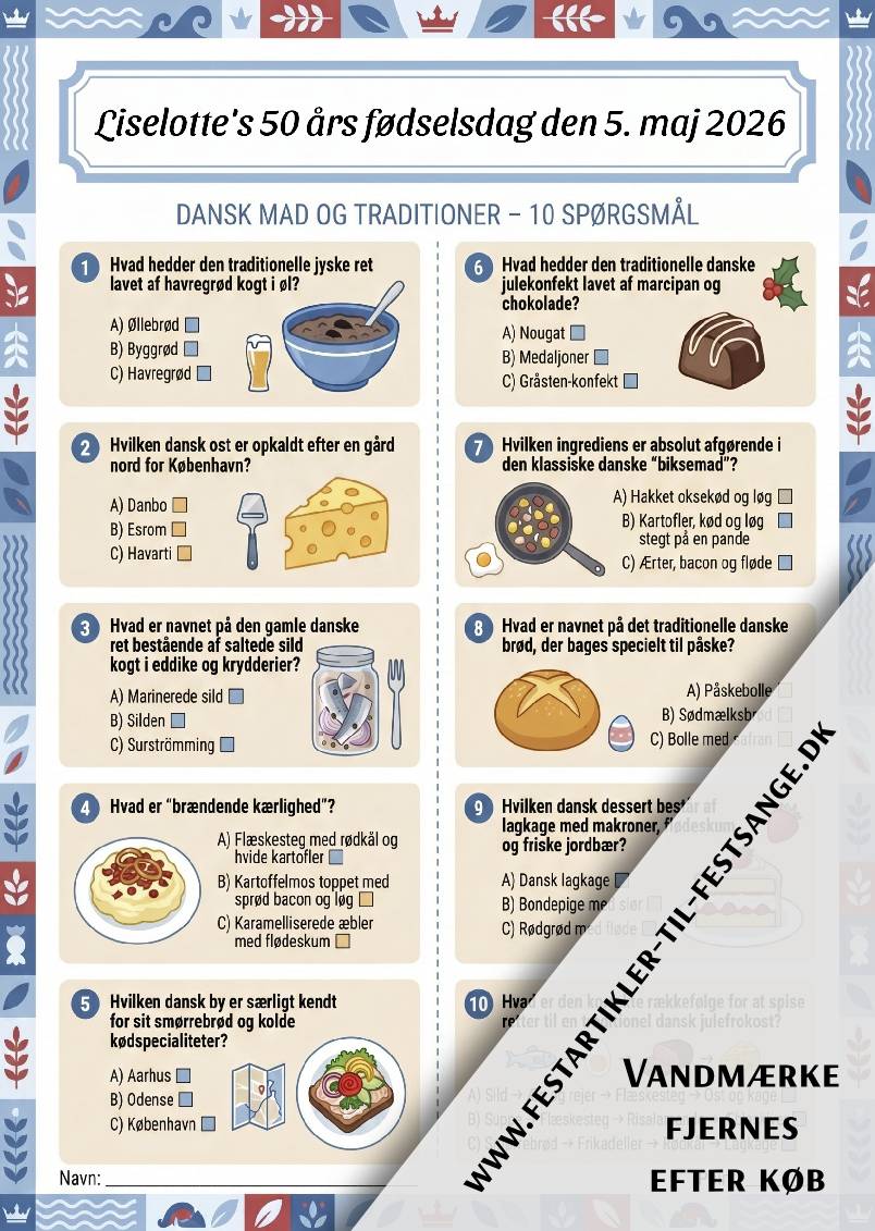 Dansk mad og traditioner quiz 2. udgave med 10 spørgsmål om øllebrød, biksemad, brændende kærlighed og danske julekonfekt – perfekt til fest og komsammen