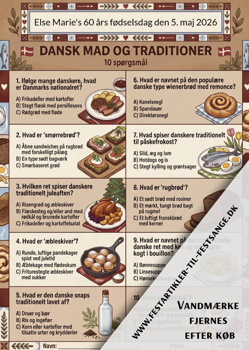 Dansk mad og traditioner quiz med 10 spørgsmål om nationalretter, juleaften, påskefrokost og danske madvaner – perfekt til fest og komsammen