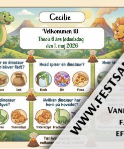 Dækkeserviet til børnefødselsdag med dinosaur-tema, quiz med T-rex, triceratops, æg og vulkaner til børn