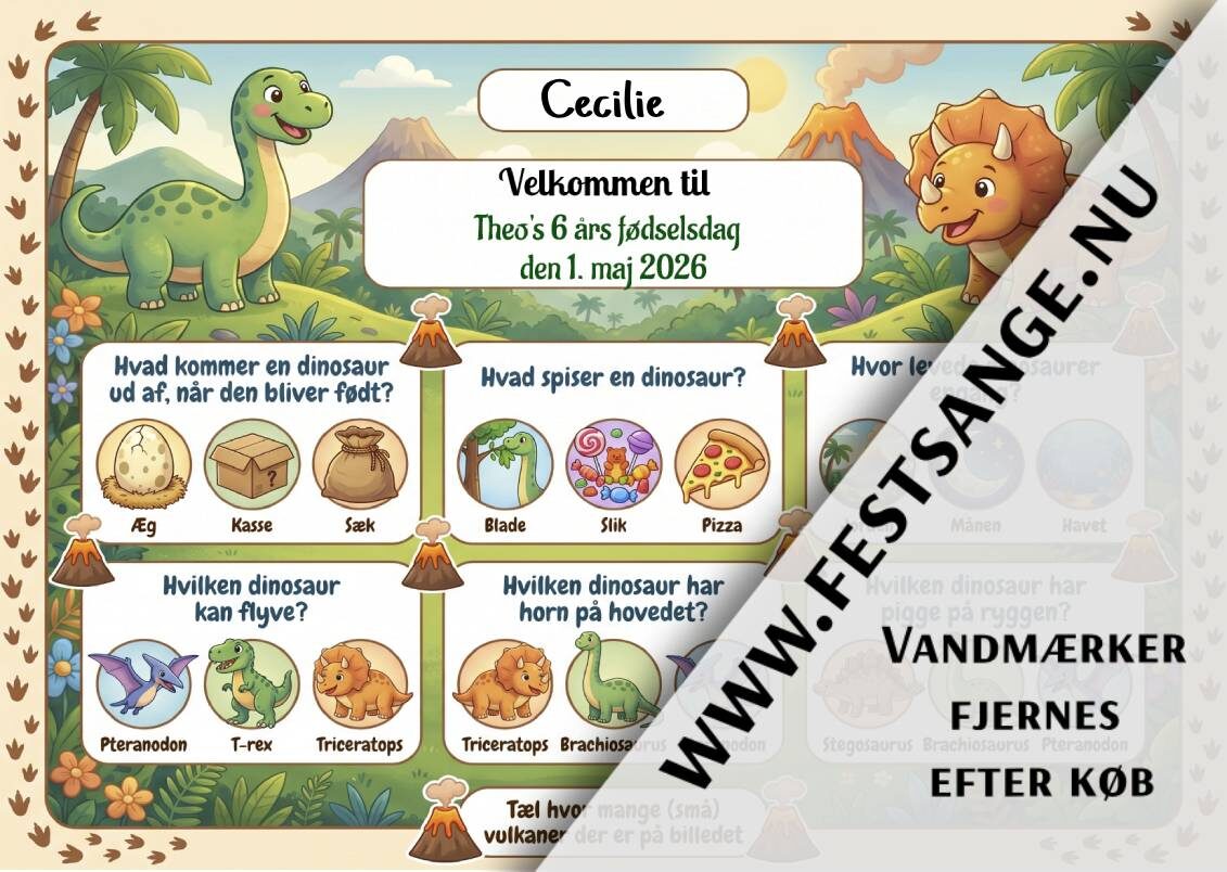 deakkeserviet-og-navne-kort-til-boernefoedselsdag-let-nem-dino-tema-quiz Dækkeserviet til børnefødselsdag med dinosaur-tema, quiz med T-rex, triceratops, æg og vulkaner til børn