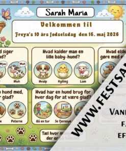 Dækkeserviet til børnefødselsdag med hunde-tema, quiz med hund, hvalp og poter til børn