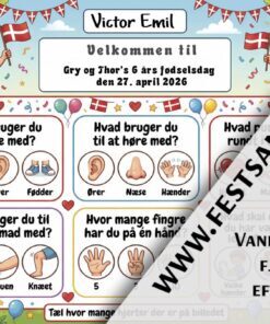 Dækkeserviet til børnefødselsdag med fest- og kroppen-tema, quiz om sanser og kropsdele til børn