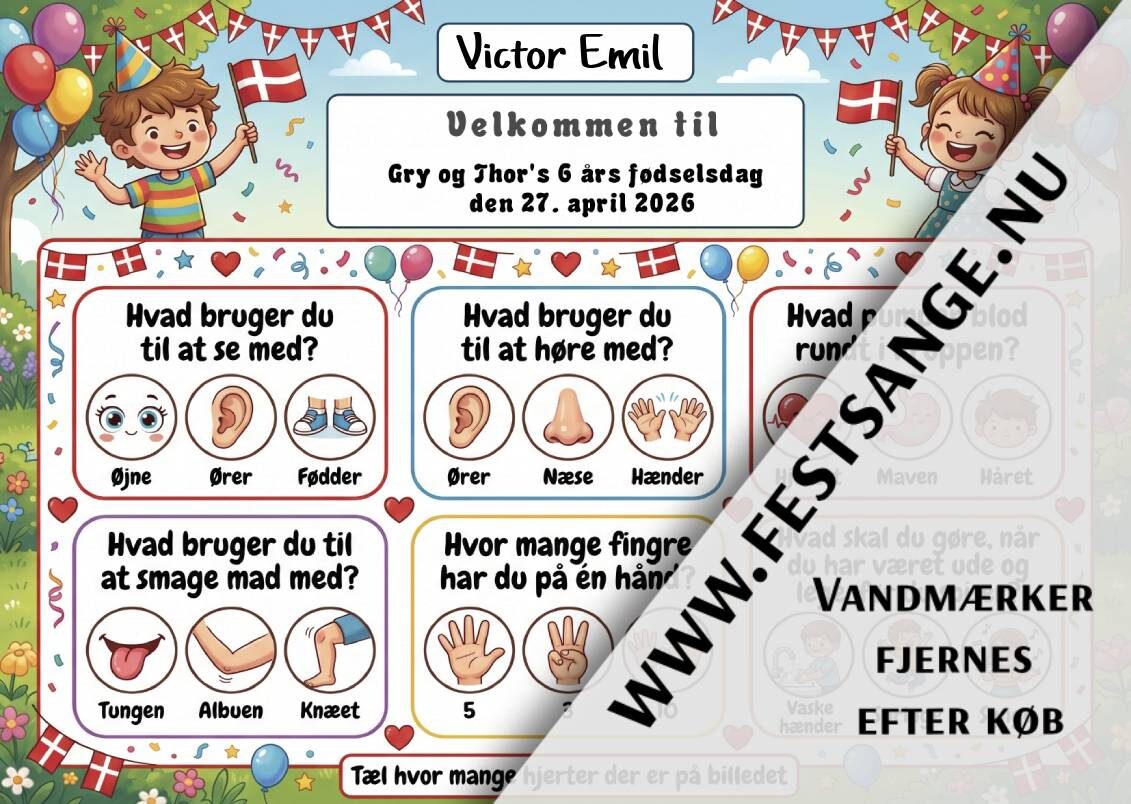 deakkeserviet-og-navne-kort-til-boernefoedselsdag-let-nem-kroppen-tema-quiz Dækkeserviet til børnefødselsdag med fest- og kroppen-tema, quiz om sanser og kropsdele til børn
