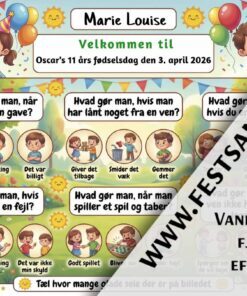 Dækkeserviet til børnefødselsdag med manerer og venskab tema, quiz om gode manerer til børn
