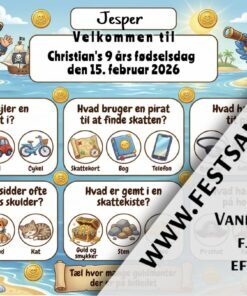 Dækkeserviet til børnefødselsdag med pirat-tema, quiz med skattekort, papegøje og skattekiste til børn