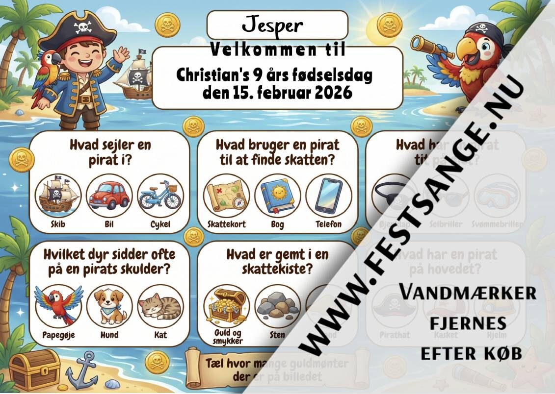 deakkeserviet-og-navne-kort-til-boernefoedselsdag-let-nem-pirat-tema-quiz Dækkeserviet til børnefødselsdag med pirat-tema, quiz med skattekort, papegøje og skattekiste til børn