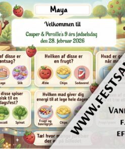 Dækkeserviet til børnefødselsdag med sund vs usund mad tema, quiz med æble, gulerod og kage til børn