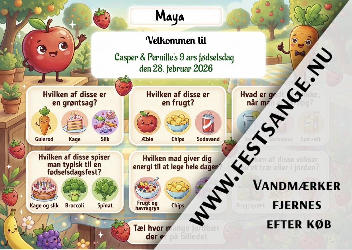 deakkeserviet-og-navne-kort-til-boernefoedselsdag-let-nem-sund-vs-usund-mad-tema-quiz Dækkeserviet til børnefødselsdag med sund vs usund mad tema, quiz med æble, gulerod og kage til børn
