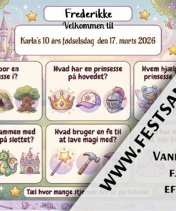 Dækkeserviet til børnefødselsdag med prinsesse-tema, quiz med slot, krone, fe og konge til børn