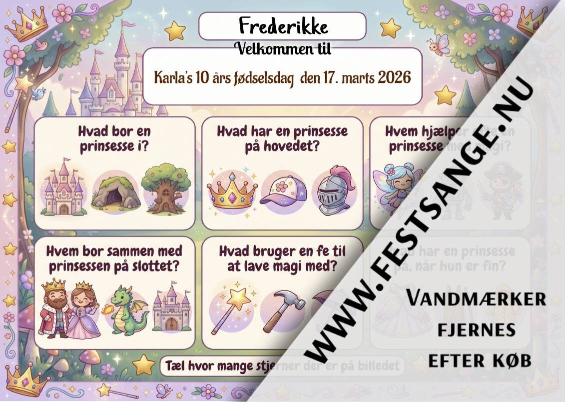 deakkeserviet-til-boernefoedselsdag-let-nem-prinsesse-tema-quiz Dækkeserviet til børnefødselsdag med prinsesse-tema, quiz med slot, krone, fe og konge til børn