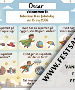 Dækkeserviet til børnefødselsdag med superhelte-tema, quiz med superhelt, kappe, maske og by til børn