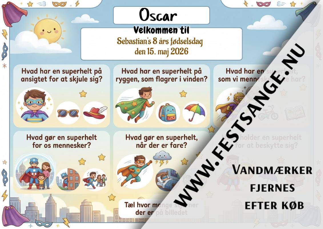 deakkeserviet-til-boernefoedselsdag-let-nem-superhelte-tema-quiz Dækkeserviet til børnefødselsdag med superhelte-tema, quiz med superhelt, kappe, maske og by til børn
