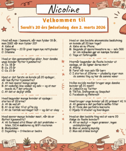 Dækkeserviet til 20 års fødselsdag kvinde med sjov quiz om livet som 20-årig, fås i 3 designs: hyggelig tegneserie og elegant dansk flag