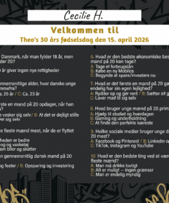 Dækkeserviet til 20 års fødselsdag mand med sjov quiz om livet som 20-årig mand, fås i 3 designs: action, urban street og gaming