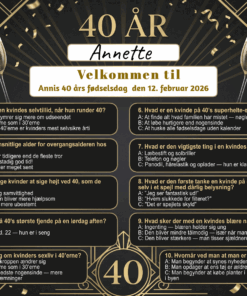 Dækkeserviet til 40 års fødselsdag kvinde med sjov quiz om livet som 40-årig kvinde, fås i 3 designs: pink fest, blomster og sort guld elegance