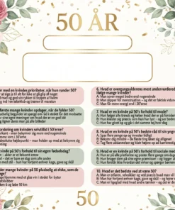 Dækkeserviet til 50 års fødselsdag kvinde med sjov quiz om livet som 50-årig kvinde, fås i 3 designs: sort pink fashion, Paris vintage og blomster romantisk