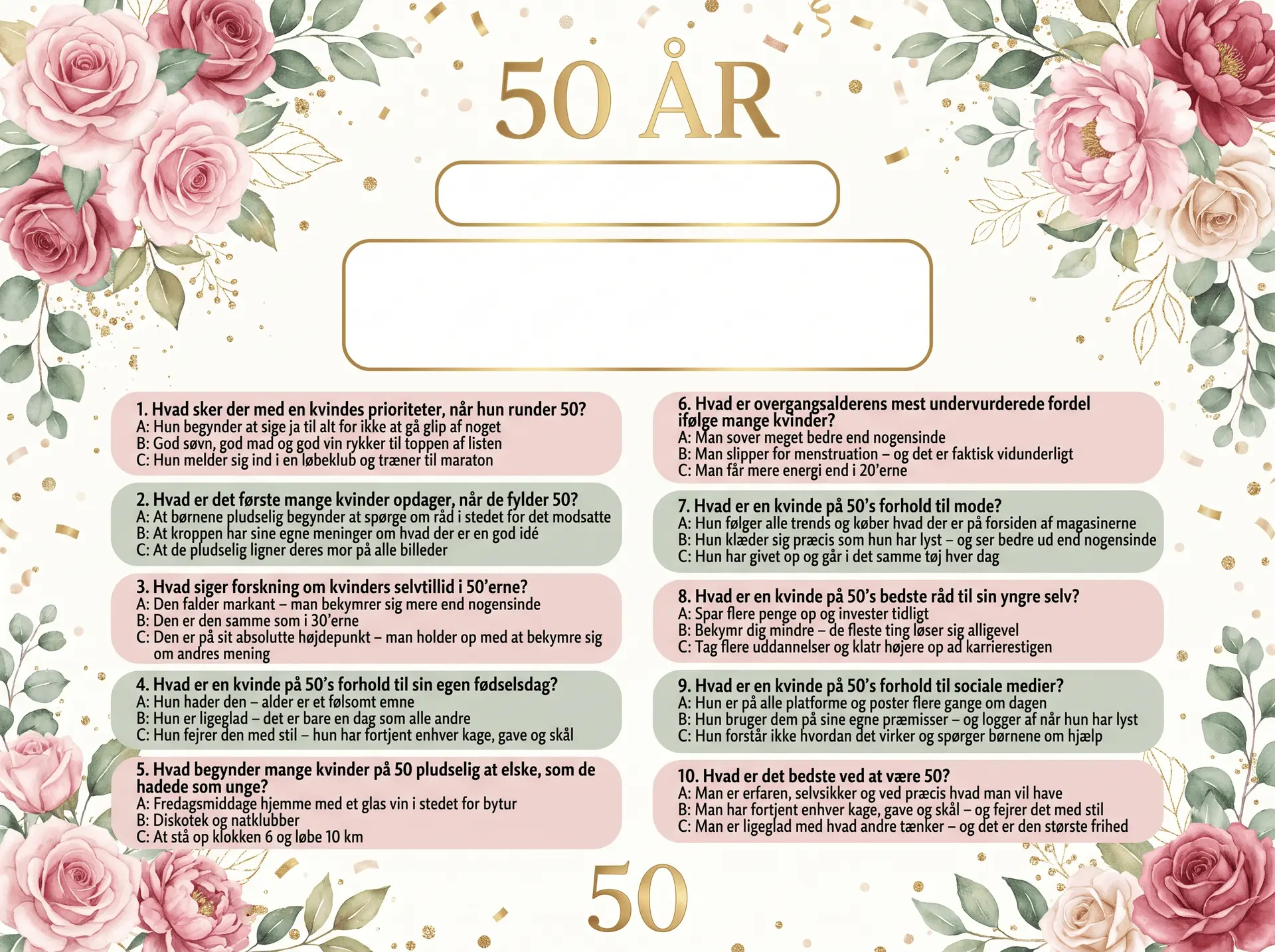 Dækkeserviet til 50 års fødselsdag kvinde med sjov quiz om livet som 50-årig kvinde, fås i 3 designs: sort pink fashion, Paris vintage og blomster romantisk