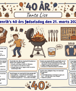 Dækkeserviet til 40 års fødselsdag mand med sjov quiz om livet som 40-årig mand, fås i 3 designs: sport og action, illustreret humor og sort guld med whisky