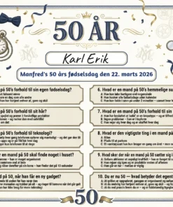 Dækkeserviet til 50 års fødselsdag mand med sjov quiz om livet som 50-årig mand, fås i 3 designs: sofa og humor, klassisk gentleman og sort guld med whisky