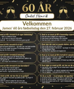 Dækkeserviet til 60 års fødselsdag mand med sjov quiz om livet som 60-årig mand, fås i 3 designs: farverig morfar, sort guld elegant og natur friluft