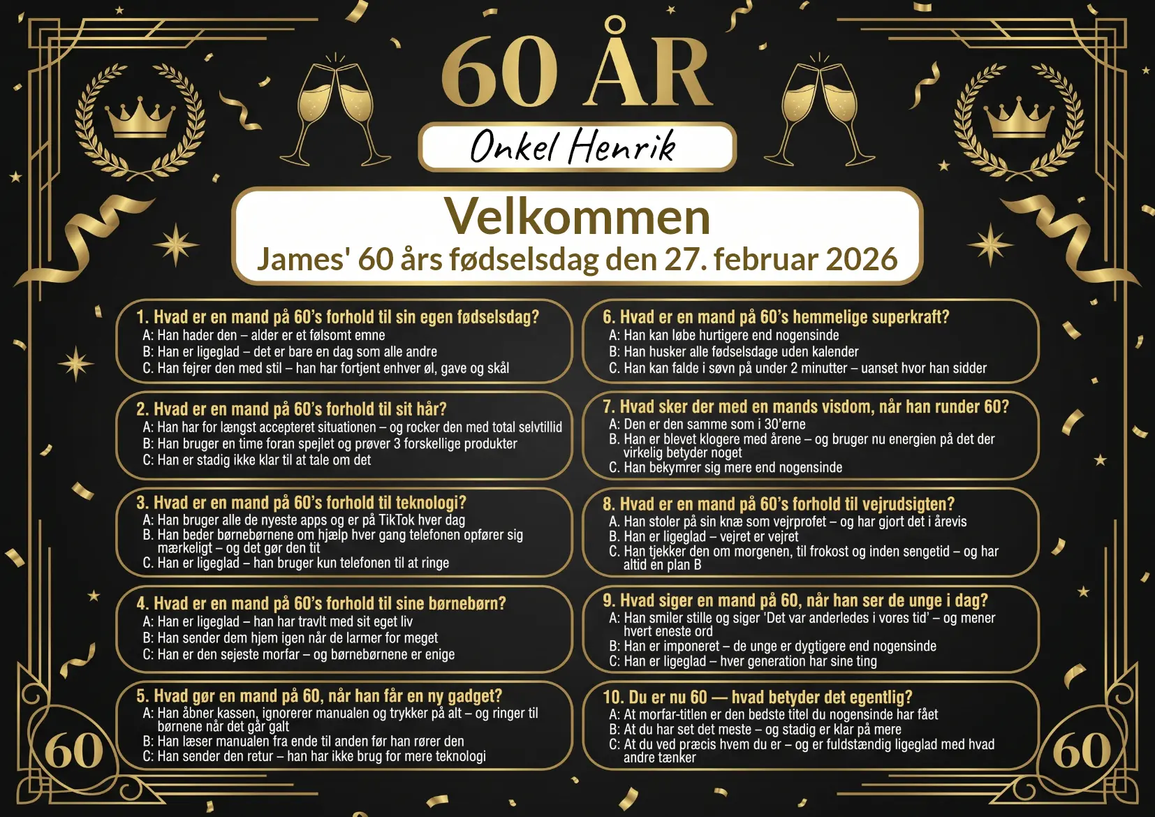 Dækkeserviet til 60 års fødselsdag mand med sjov quiz om livet som 60-årig mand, fås i 3 designs: farverig morfar, sort guld elegant og natur friluft