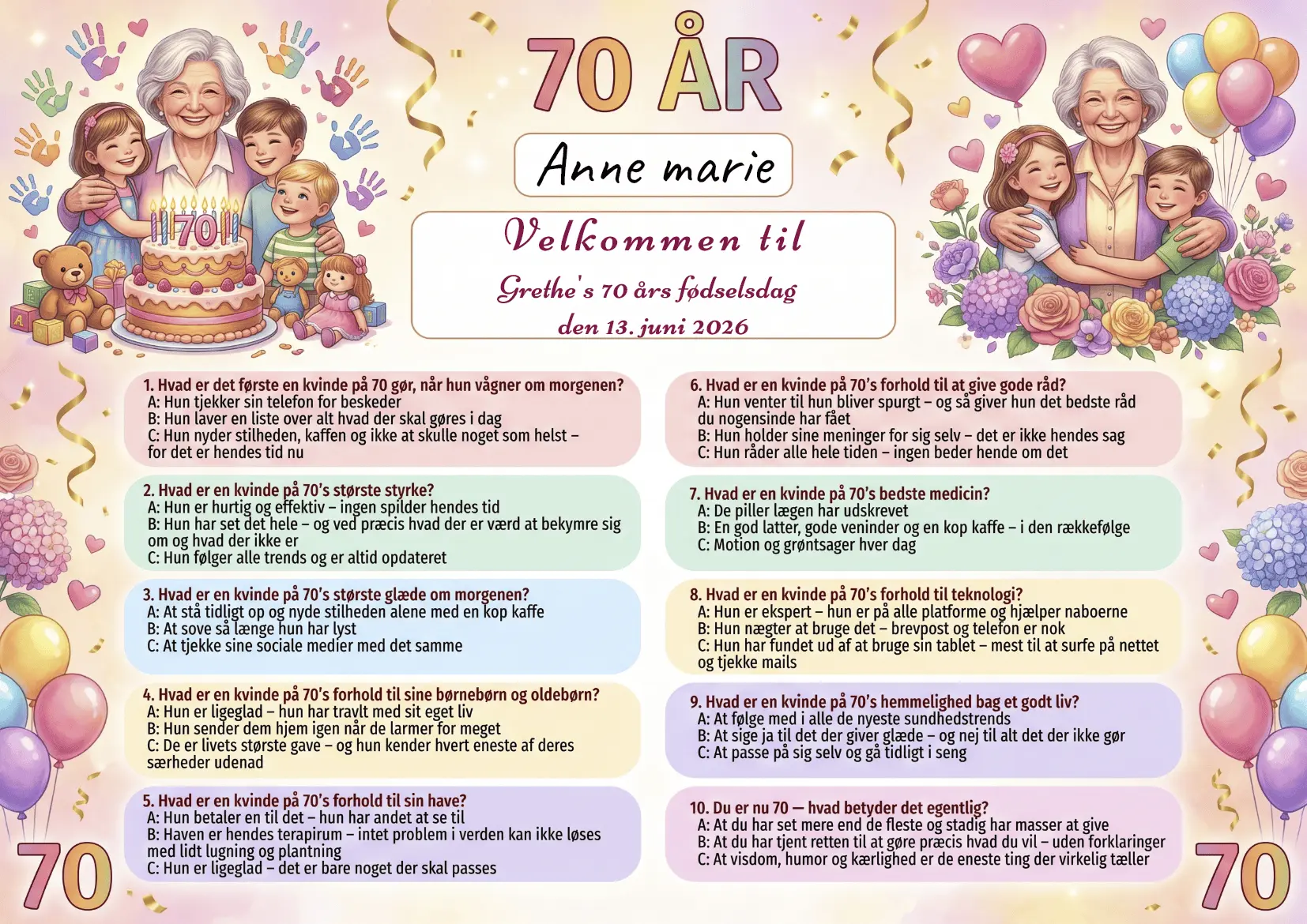 Dækkeserviet til 70 års fødselsdag kvinde med sjov quiz om livet som 70-årig kvinde, fås i 3 designs: sølv guld elegant, farverig mormor og lyserøde blomster
