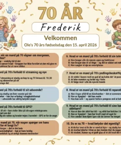 Dækkeserviet til 70 års fødselsdag mand med sjov quiz om livet som 70-årig mand, fås i 3 designs: havearbejde grøn, farverig morfar og klassisk gentleman