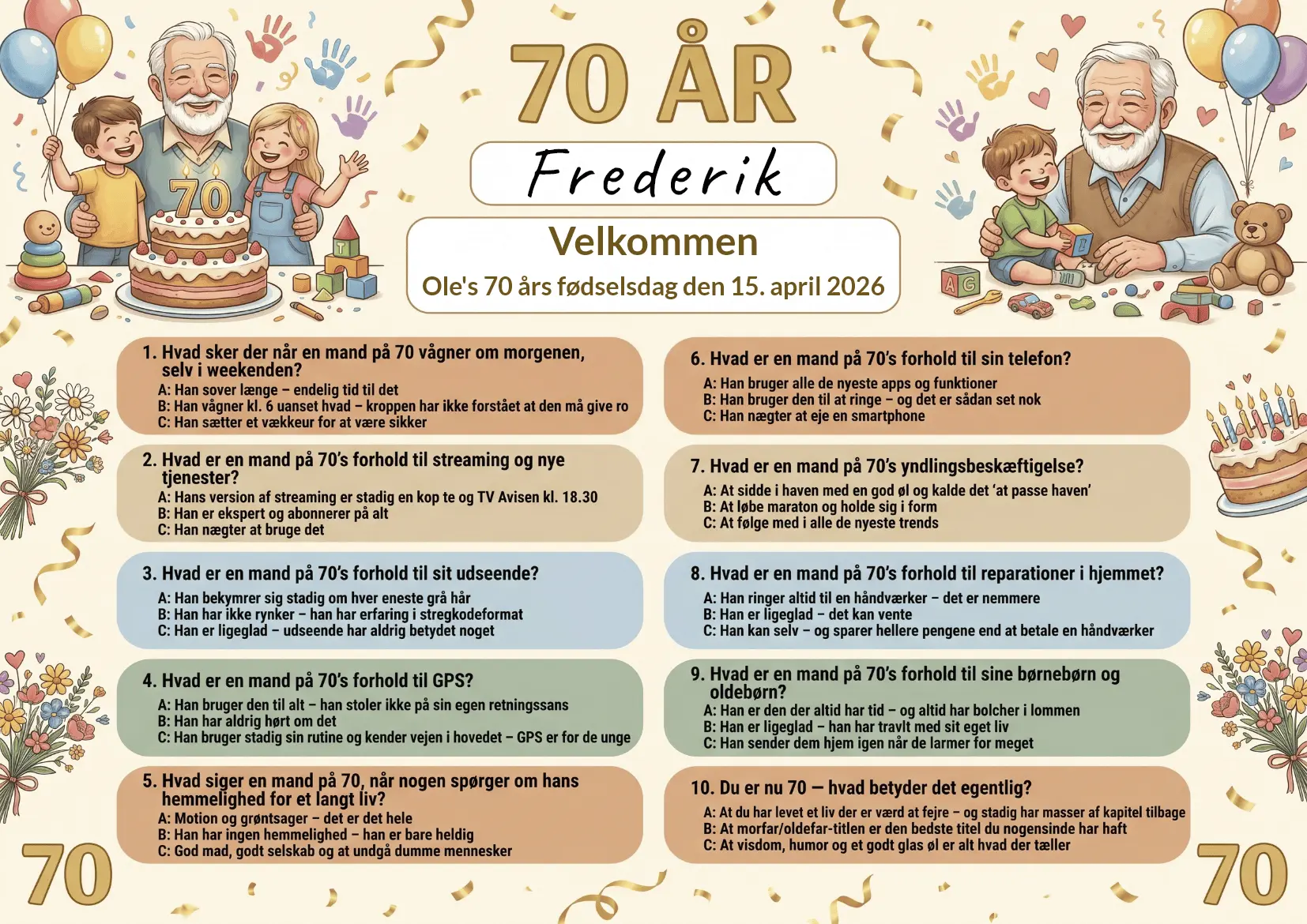 Dækkeserviet til 70 års fødselsdag mand med sjov quiz om livet som 70-årig mand, fås i 3 designs: havearbejde grøn, farverig morfar og klassisk gentleman